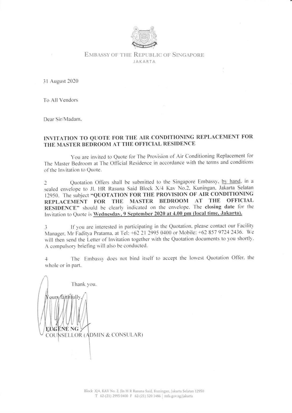 Document: "Invitation to Quote" from the Embassy of Singapore for A/C replacement.